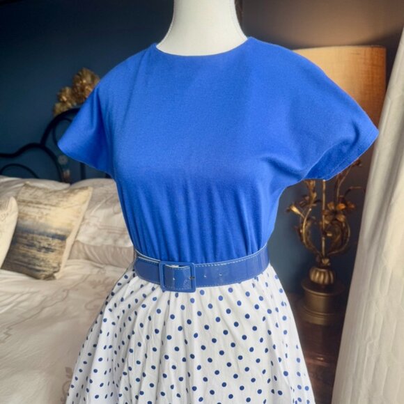 Vintage Blue and White Polka Dot Dress - Picture 3 of 9